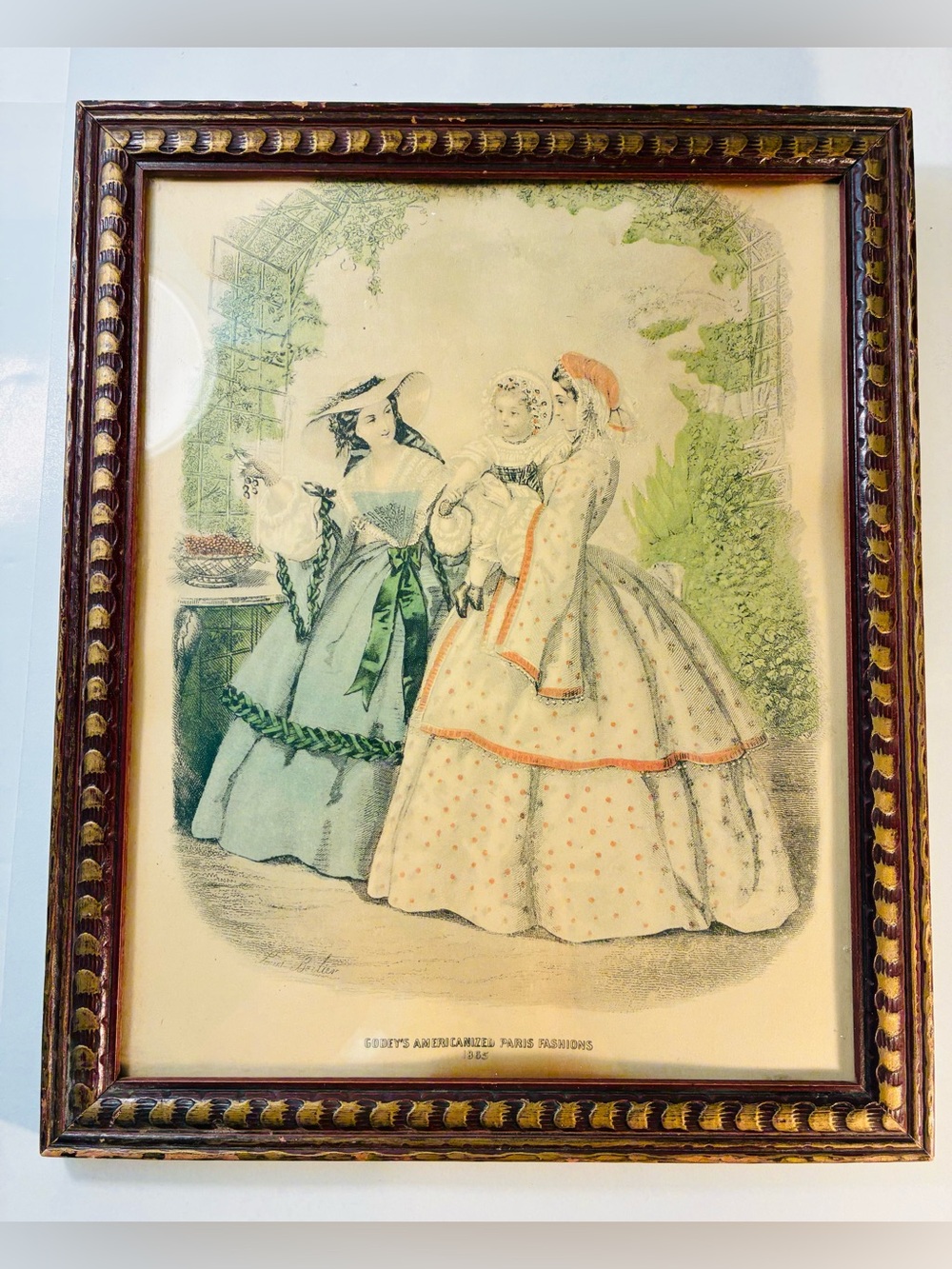 Antique Godey’s Americanized Paris Fashion Print In Wood Frame